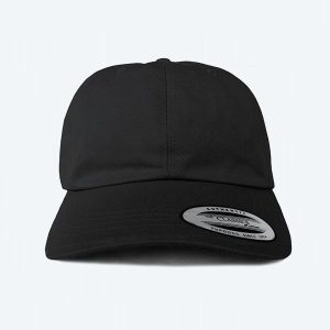 A single blank classic black baseball cap, featuring a structured low-profile fit and a curved bill, displayed with a clean "The Classics Yupoong" authenticity sticker on a clean white background for custom branding design services.