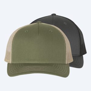 Two blank custom five-panel trucker caps, one in olive green with tan mesh and one in black with black mesh, displayed on a clean white background for custom printing design services.