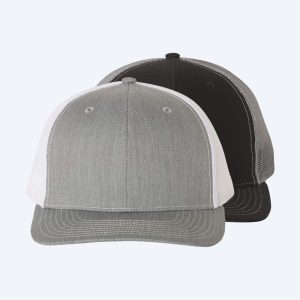 Two blank snapback trucker caps, one in heather grey with white mesh and one in black with grey mesh, featuring flat bills and displayed on a clean white background for custom printing design services.
