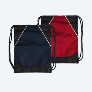 Two blank Rival cinch packs, one in deep navy blue with black accents and one in vibrant red with black accents, featuring white contrast piping and drawstrings, displayed on a clean white background for custom design services.