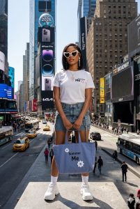 “Woman in custom ‘Summer Me’ graphic tee and tote bag posing in Times Square NYC summer street style 2026”
