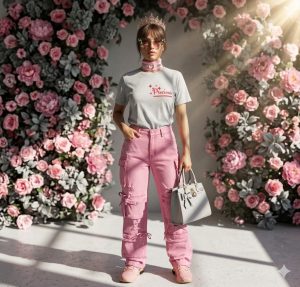 Front view of woman in personalized Precious Bloom summer outfit with pink cargo pants, grey name tee, crown and handbag, trendy street style 2026.