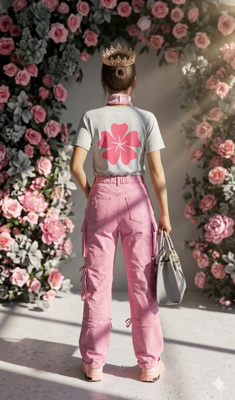 Woman wearing custom name pink cargo pants outfit from behind with crown and grey graphic tee, summer streetwear look by FLY Clothing Co.