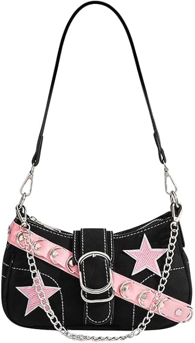 This bag is the ultimate embodiment of Y2K energy. Its black material grounds the look while the pink stars perfectly tie into the color of the tied pink custom tee and sparkling cowboy boots.