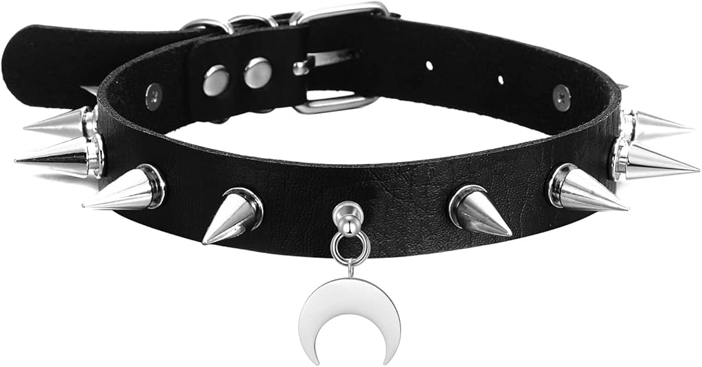 This black Spiked Choker is the perfect edgy addition to the Women’s Y2K Blue Thigh High Boots Outfit.