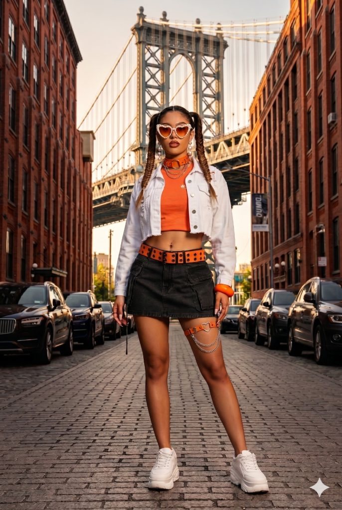 Orange crop top, black cargo mini skirt, white chunky sneakers and layered denim jacket.