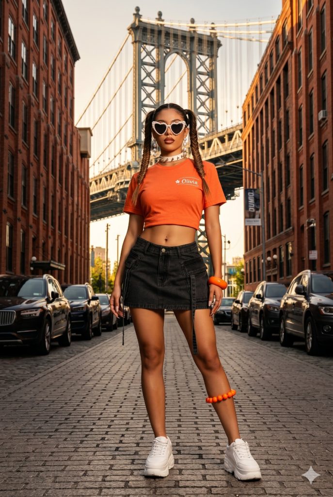 Orange crop top, black cargo mini skirt, white chunky sneakers and layered denim jacket.