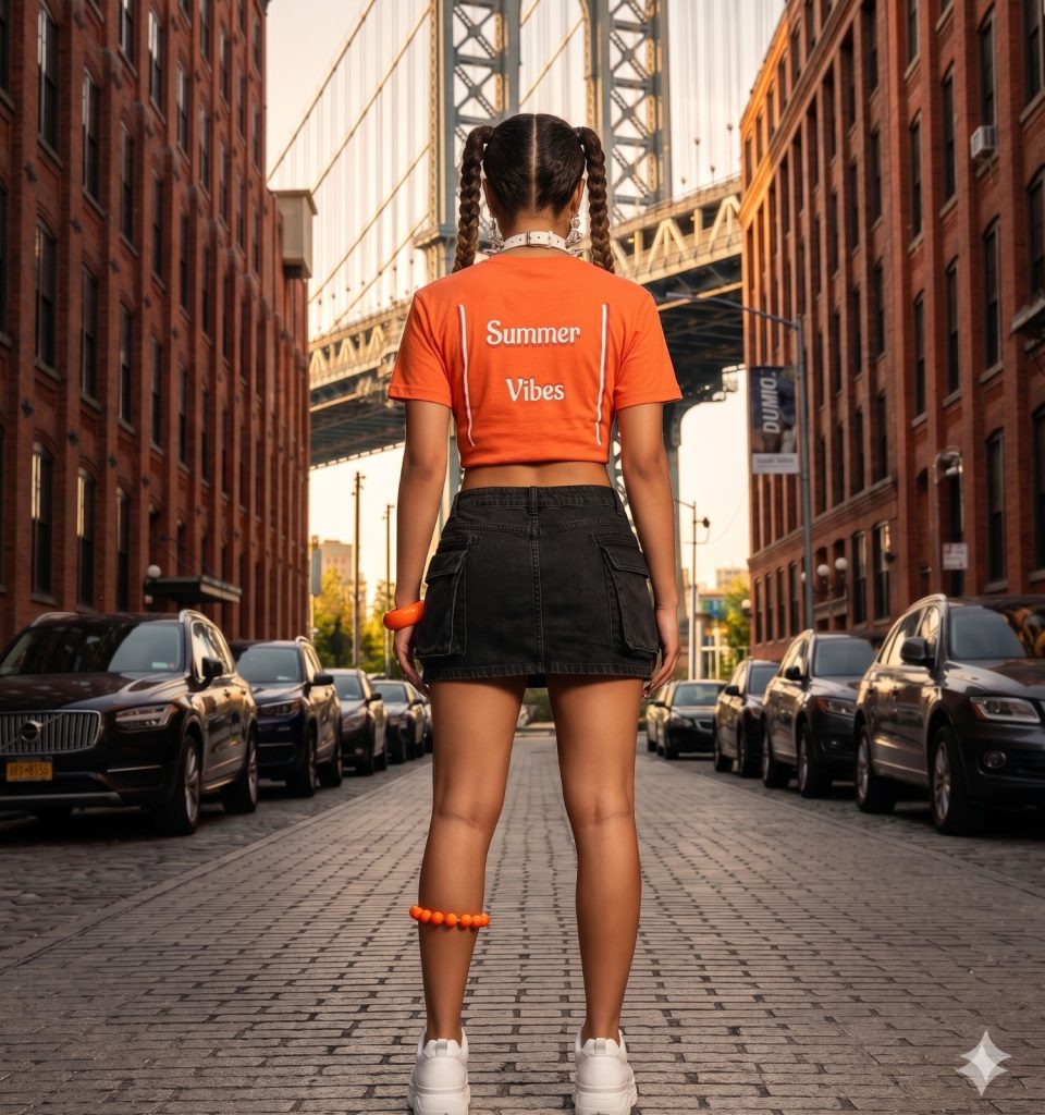 Orange crop top, black cargo mini skirt, white chunky sneakers and layered denim jacket.