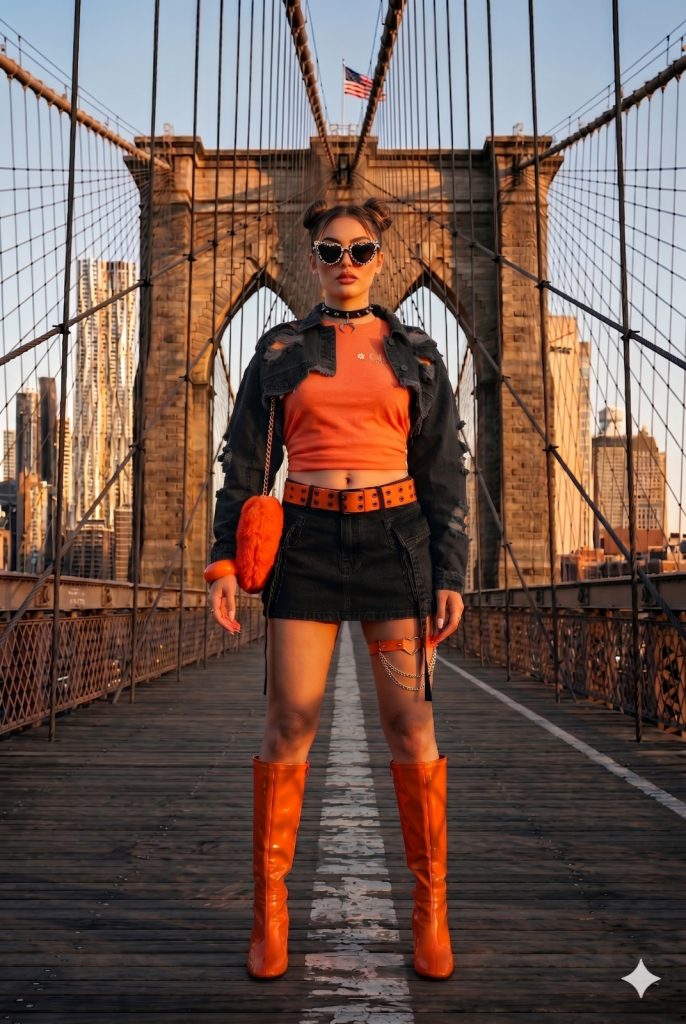 Full-body view of a woman wearing a vibrant orange Y2K summer outfit with a cargo mini skirt and knee-high boots, walking confidently on an urban sidewalk.