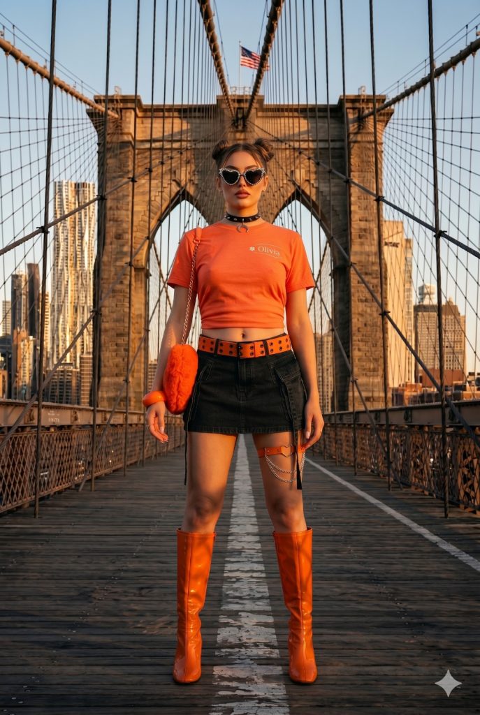 Front view of a woman showcasing the vibrant orange Y2K summer outfit with a cargo skirt and knee-high boots in NYC and LA.