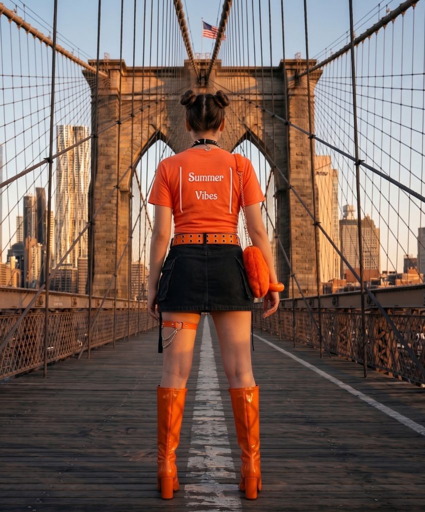 Rear view of a woman wearing a vibrant orange Y2K summer outfit with a cargo mini skirt and knee-high boots in NYC and LA.