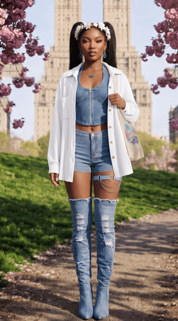 Stunning romantic cherry blossom denim summer outfit loved by Gen Z and Millennials in NYC and LA. Light blue denim corset top, denim shorts, thigh-high boots, flower crown and white cardigan