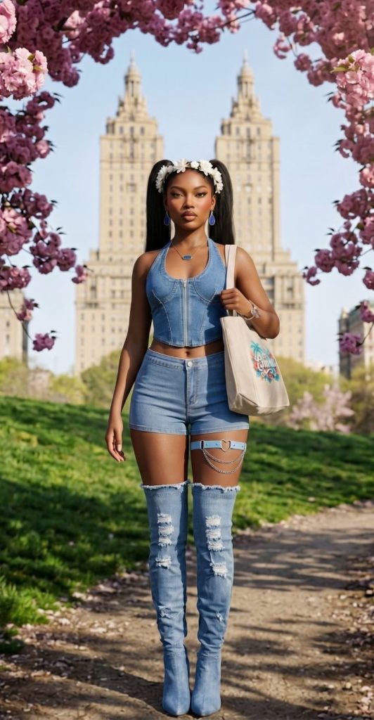 Women’s Romantic Cherry Blossom Denim Summer Outfit NYC & LA 2026 – Coquette Y2K Soft Girl Style