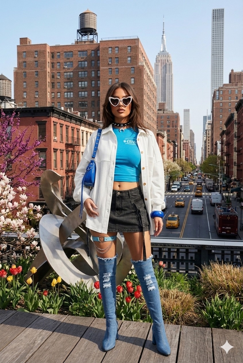 Blue Y2K Thigh High Boots Outfit Complete Look
