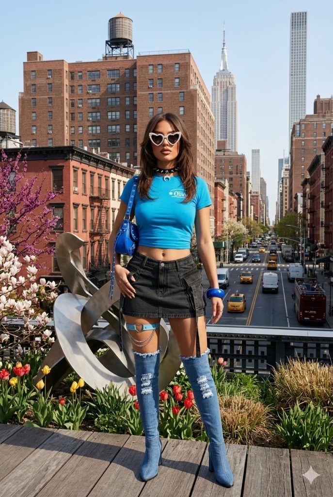 Front view of women's Y2K blue thigh-high boots outfit in NYC and LA.