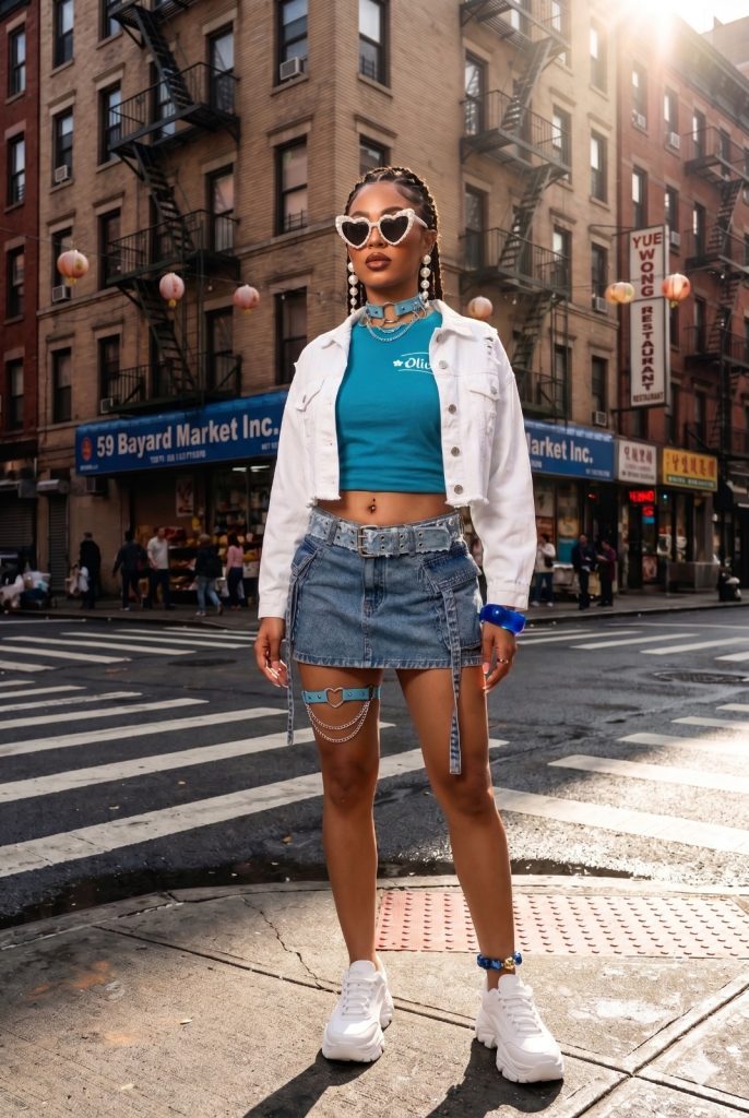 Full body view of woman in Times Square wearing Y2K white cropped jacket, blue top, and blue thigh-high boots for genz and millenials