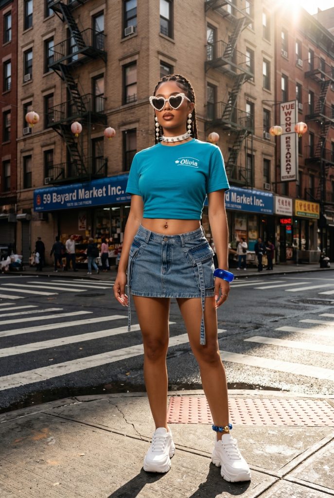 Front view of a women's Y2K summer outfit featuring a blue top and white cropped denim jacket in NYC and LA for gen z and millenials.