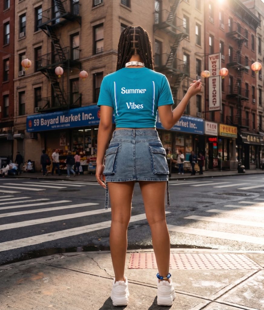 Rear view of women's Y2K summer outfit with white cropped denim jacket and blue boots in NYC and LA for genz and millenials.
