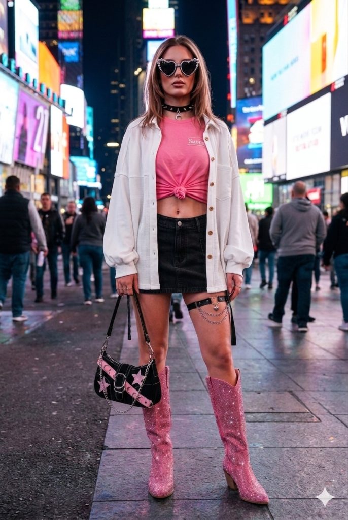 Full body view of pink cowgirl summer outfit with sparkling boots in Times Square, NYC and LA 2026.
