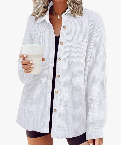 Throwing this lightweight, textured white shacket over the bright pink custom tee adds a relaxed, effortless layer that is perfect for transitioning from warm days to breezy summer nights
