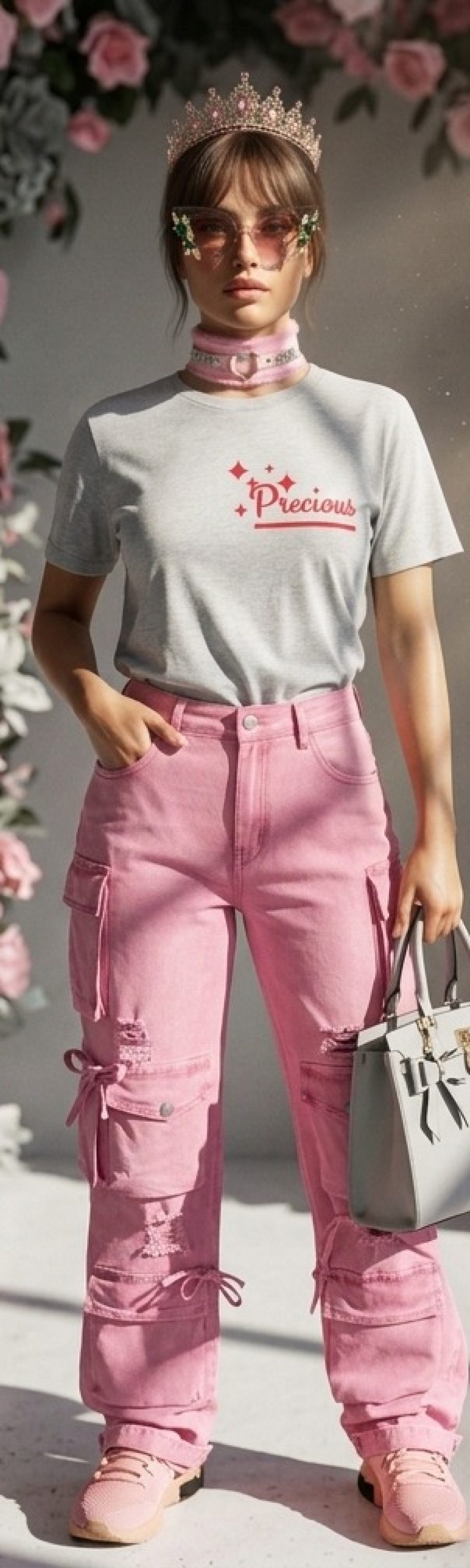 Front view of woman in personalized Precious Bloom summer outfit with pink cargo pants, grey name tee, crown and handbag, trendy street style 2026.